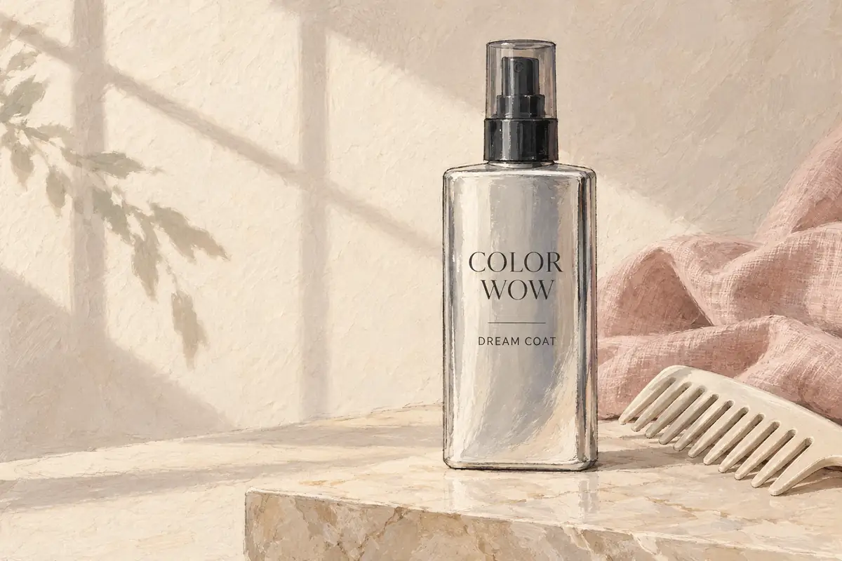 Illustration of a silver Color Wow Dream Coat spray bottle beside a comb