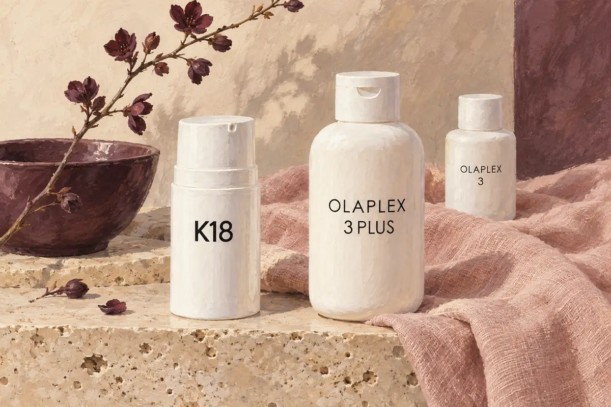 Illustration of K18 mask, Olaplex No.3PLUS and original No.3 bottles