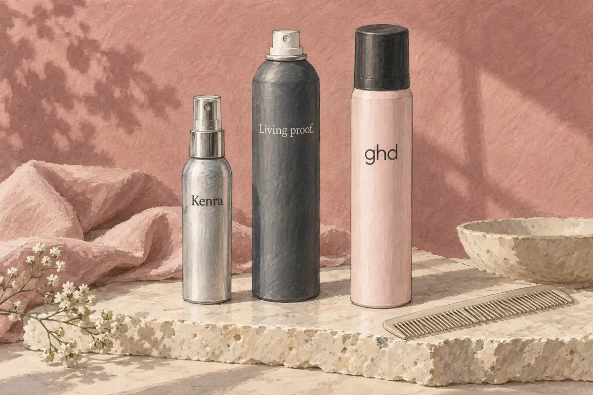 Illustration of Kenra Blow-Dry Mist, Living Proof Heat Styling Spray and ghd Bodyguard Fine and Thin